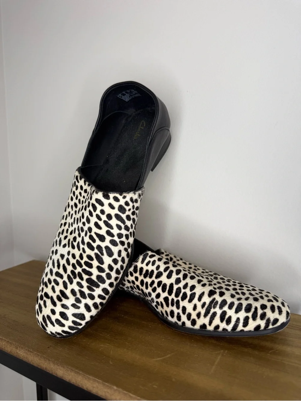 Clarks Pure Tone shoes in a black and white snow leopard print